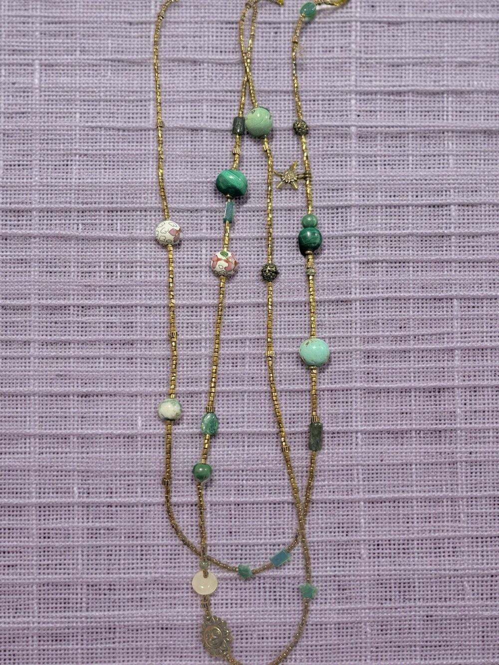 Vintage 16” Double Strand Malachite Stone Bead Necklace Cloisonne Sun Star